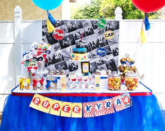 Super Comic Book Hero Birthday PRINTABLE Party Decorations | Includes Backdrop Banner! - EDITABLE TEXT >> Instant Download | Paper and Cake