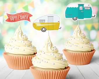 12 Travel Trailer Cupcake Toppers, Happy Camper Birthday Treat Picks >> shipped to you | Paper and Cake