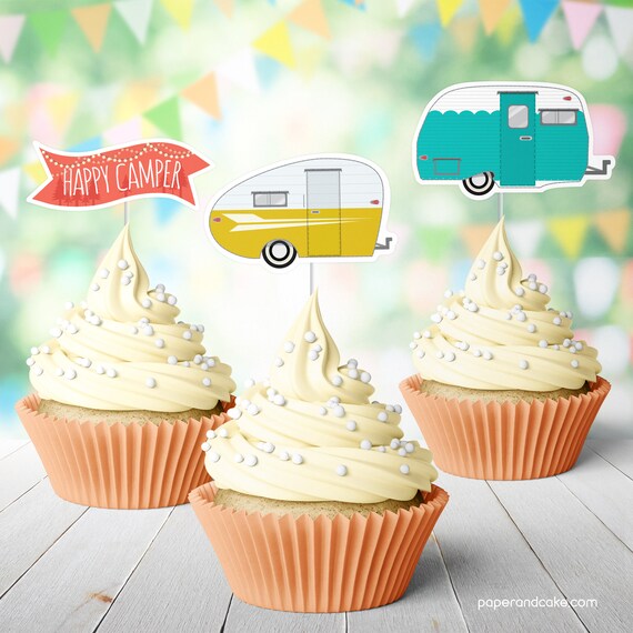 12 Travel Trailer Cupcake Toppers, Happy Camper Birthday Treat Picks >> shipped to you | Paper and Cake Il_570xn