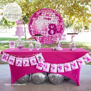 Dekoracje na imprezę Disco PRINTABLE, różowa lustrzana kula na wesele lub przyjęcie urodzinowe - EDYTOWALNY TEKST >> Natychmiastowe pobranie | Paper and Cake