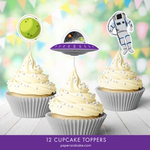 12 Space Cupcake Toppers, Astronaut, Rocket Ship Birthday Treat Picks &gt;&gt; shipped to you | Paper and Cake