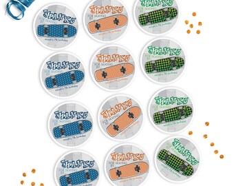 Skateboard Favor Stickers, Skater Birthday Party Stickers, 2" round treat bag Stickers >> shipped to you | Paper and Cake