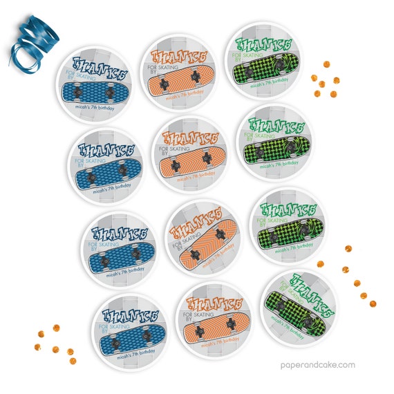 Skateboard Favor Stickers, Skater Birthday Party Stickers, 2" round treat bag Stickers >> shipped to you | Paper and Cake Il_570xn