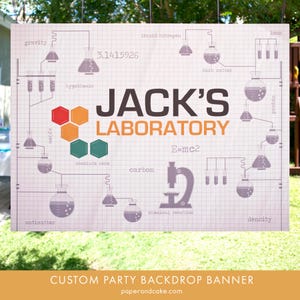 Science BACKDROP Poster, Dessert Table Party Banner, Custom Personalized Sign | Paper and Cake