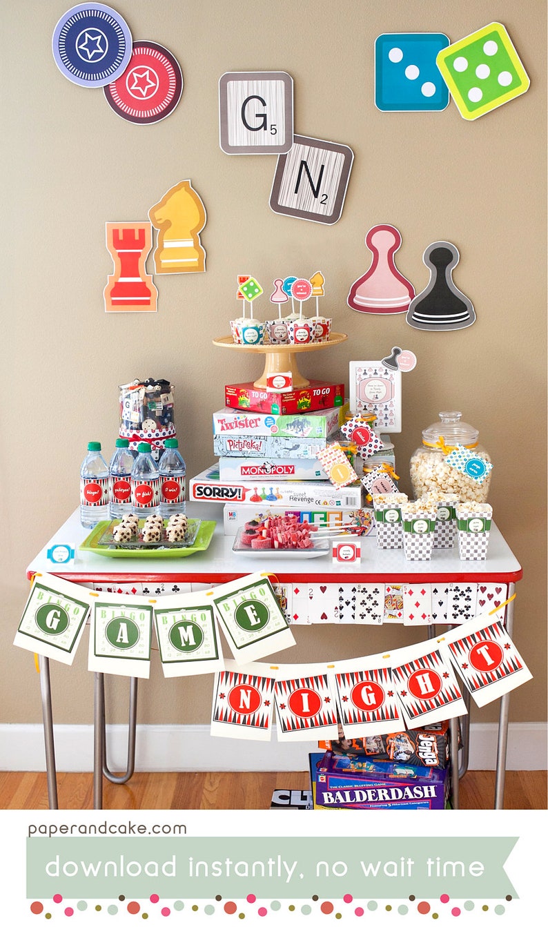 Family Game Night PRINTABLE Party Decorations, Board Games Birthday EDITABLE TEXT Instant Download Paper and Cake image 1