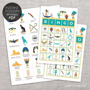 Gioco di Bingo dell'Antico Egitto STAMPABILE, 40 carte uniche, Re Tut >> Download immediato / Carta e torta