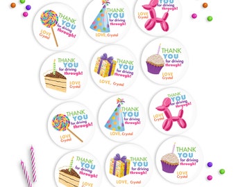 Happy Birthday Favor Stickers, Balloon Animal, Cupcake Party Stickers, 2" round treat bag Stickers >> shipped to you | Paper and Cake