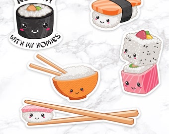 5 Sushi Stickers, Sushi Roll Waterproof Stickers, Die Cut Chopsticks, Soy Sauce, Sashimi Pack of 5 >> shipped to you | Paper and Cake