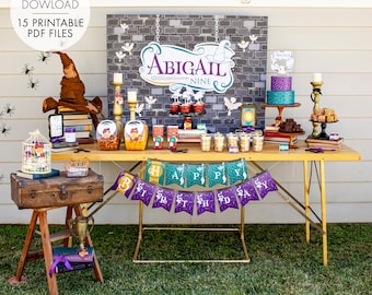 May include: A Harry Potter themed birthday party table setting with a purple and green banner that says "Happy Birthday". There are various treats on the table, including a cake, cupcakes, and candy. The backdrop is a brick wall with a sign that says "Abigail Nine".