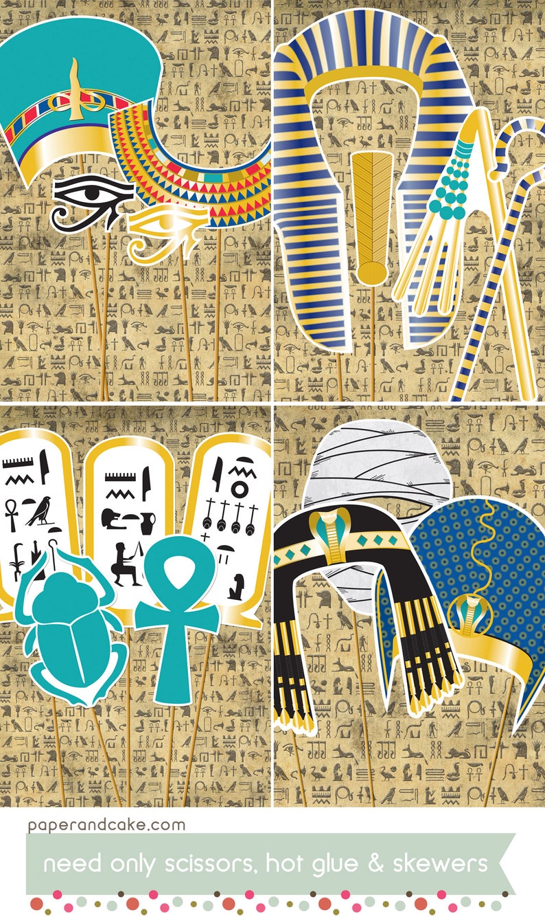 17 Egyptian PRINTABLE Photo Booth Props, King Tut and Queen Nefertiti Editable Text Digital Download Paper and Cake image 4