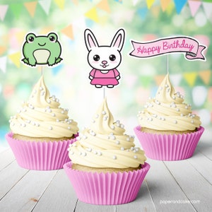 12 Cute Kawaii Cupcake Toppers, Animals and Fruit Birthday Treat Picks shipped to you Paper and Cake image 1