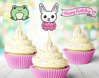 12 Cute Kawaii Cupcake Toppers, Animals and Fruit Birthday Treat Picks >> shipped to you | Paper and Cake