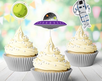 12 Space Cupcake Toppers, Astronaut, Rocket Ship Birthday Treat Picks >> shipped to you | Paper and Cake