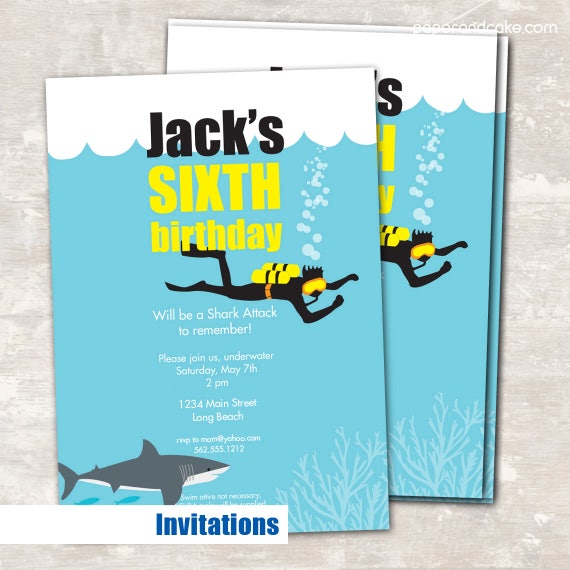 Shark and Scuba Birthday Party Invitations and Decorations >> personalized and shipped to you << Paper and Cake Il_570xn