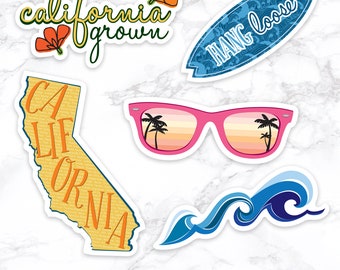 5 California Stickers, Cali Girl Waterproof Stickers, Die Cut Surfboard, Poppies, Ocean Wave Pack of 5 >> shipped to you | Paper and Cake