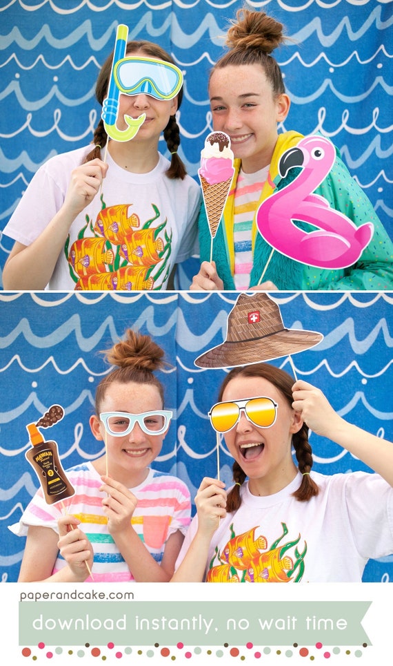 16 Beach PRINTABLE Photo Booth Props, Summer Pool Party, Centerpieces, Cake Toppers - Editable Text >> Instant Download | Paper and Cake Il_570xn