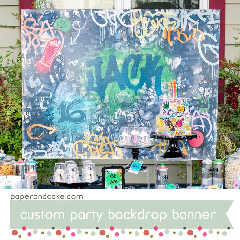 Graffiti BACKDROP Poster, Dessert Table Party Banner, Custom Personalized Sign Paper and Cake image 1