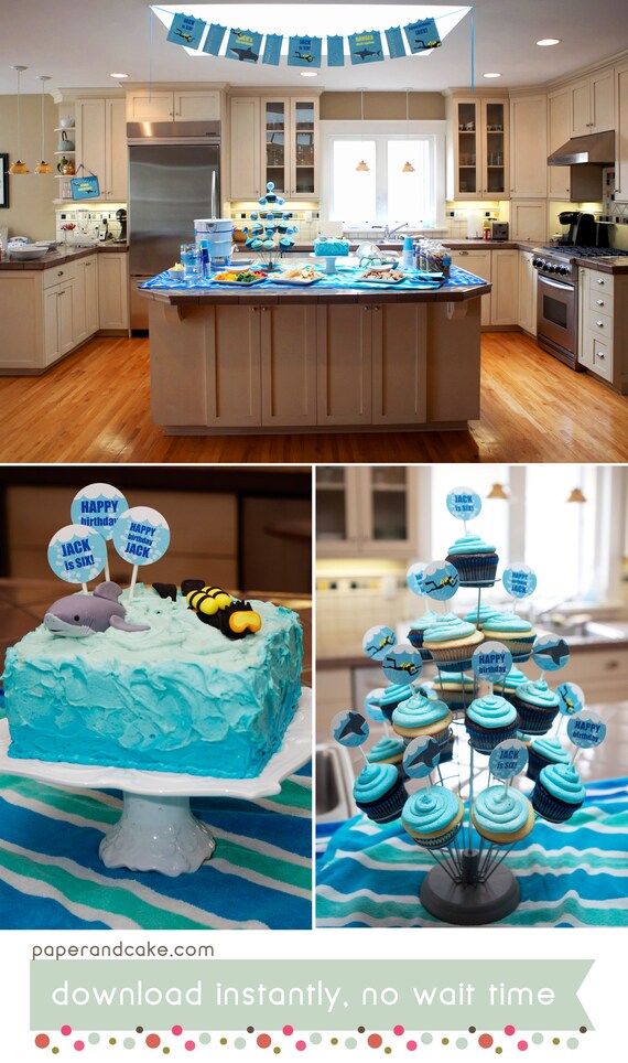 Shark and Scuba Birthday PRINTABLE Party Collection - You Customize EDITABLE TEXT >> Digital Download | Paper and Cake Il_570xn