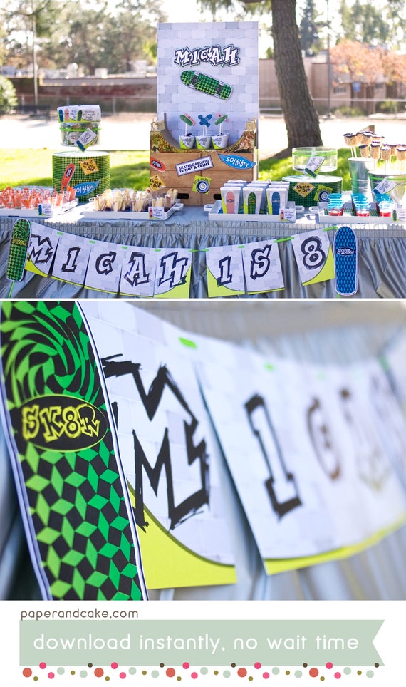 Skateboard PRINTABLE Party | Skater Birthday Decorations - You Customize EDITABLE TEXT >> Instant Download | Paper and Cake Il_570xn