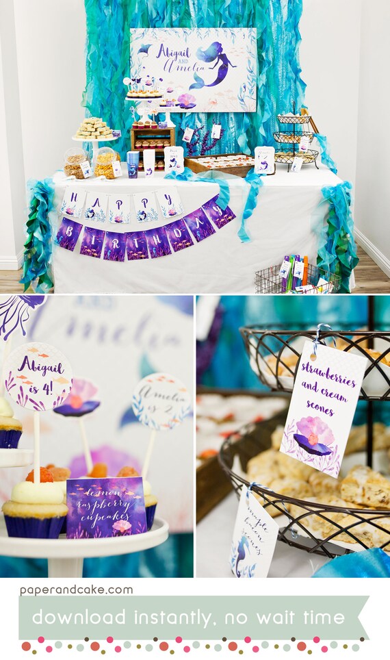 Mermaid Birthday | Under the Sea Birthday PRINTABLE Party Decorations - EDITABLE TEXT >> Digital Download | Paper and Cake Il_570xn