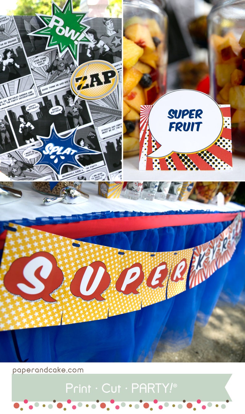 Super Comic Book Hero Birthday PRINTABLE Party Decorations Includes Backdrop Banner EDITABLE TEXT Instant Download Paper and Cake image 5