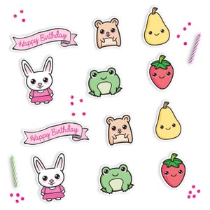 12 Cute Kawaii Cupcake Toppers, Animals and Fruit Birthday Treat Picks shipped to you Paper and Cake image 2