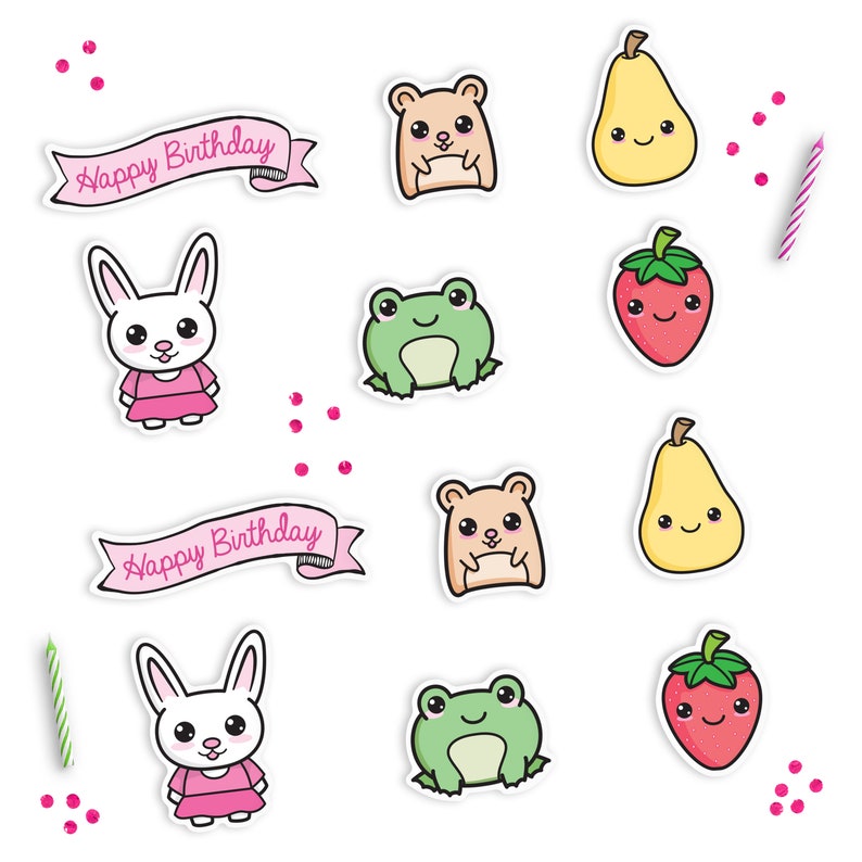 12 Cute Kawaii Cupcake Toppers, Animals and Fruit Birthday Treat Picks shipped to you Paper and Cake image 2