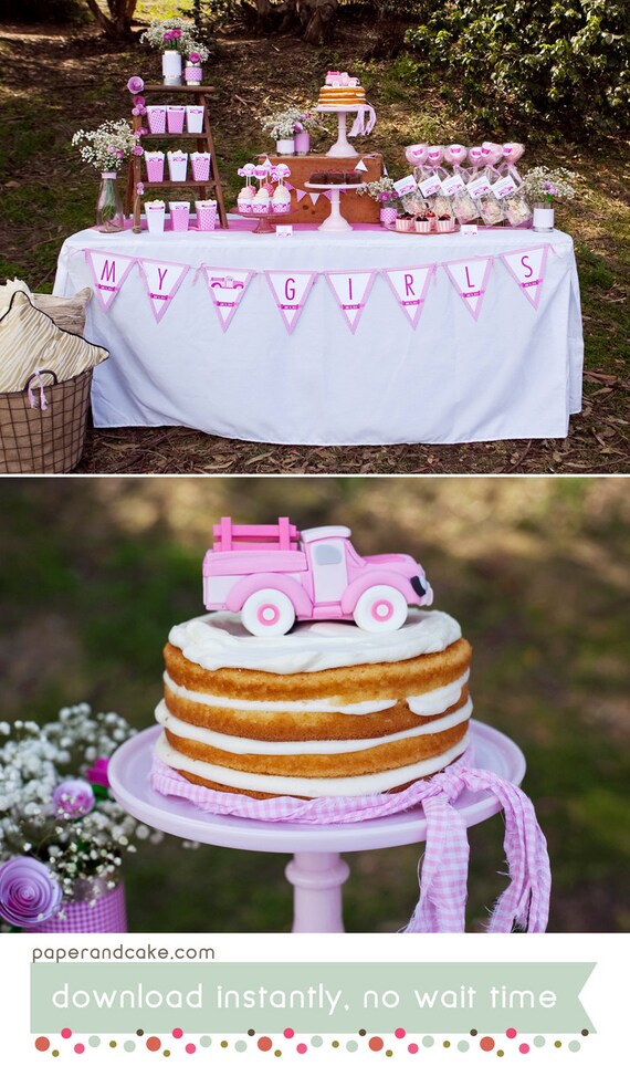 Vintage Truck Birthday | Pink Pickup Truck Birthday PRINTABLE Party Decorations - EDITABLE TEXT >> Instant Download | Paper and Cake Il_570xn