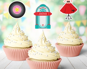 12 Fifties Cupcake Toppers, Vintage Retro 1950s Sock Hop Birthday Treat Picks >> shipped to you | Paper and Cake