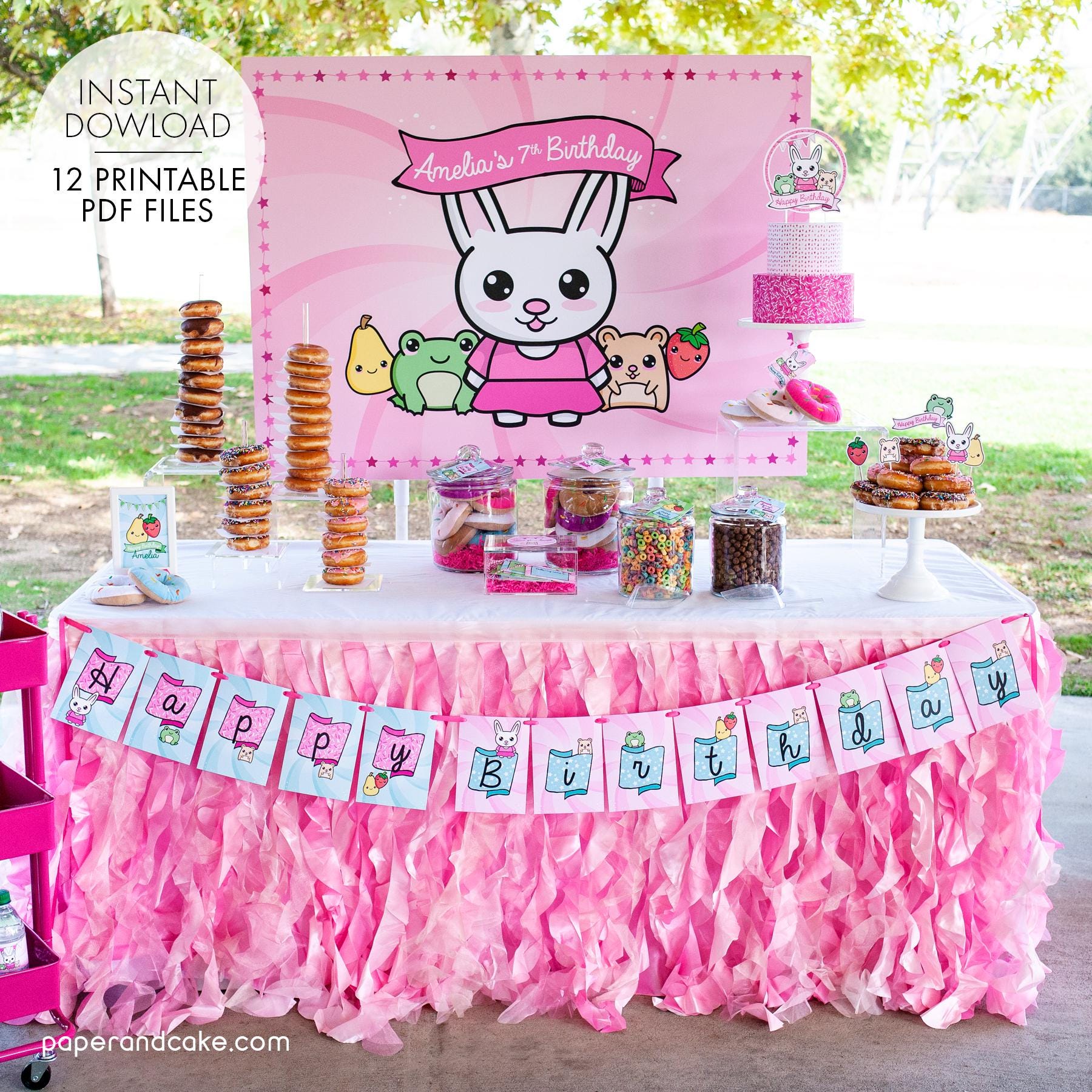 Cute Kawaii PRINTABLE Party Decorations, Animals and Fruit Birthday Party - EDITABLE TEXT >> Instant Download | Paper and Cake