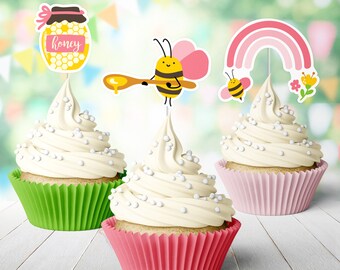 12 Honey Bee Cupcake Toppers, Cute Bee Rainbow Birthday Treat Picks >> shipped to you | Paper and Cake