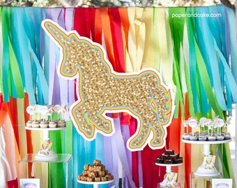 Gold Sparkle Unicorn Dessert Table, Rainbow Unicorn Cutout Birthday Party BACKDROP poster DIGITAL FILE only | Paper and Cake