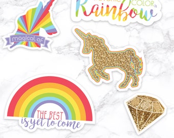 5 Unicorn Rainbow Stickers, Gold Sparkle Waterproof Sticker Pack of 5 >> shipped to you | Paper and Cake