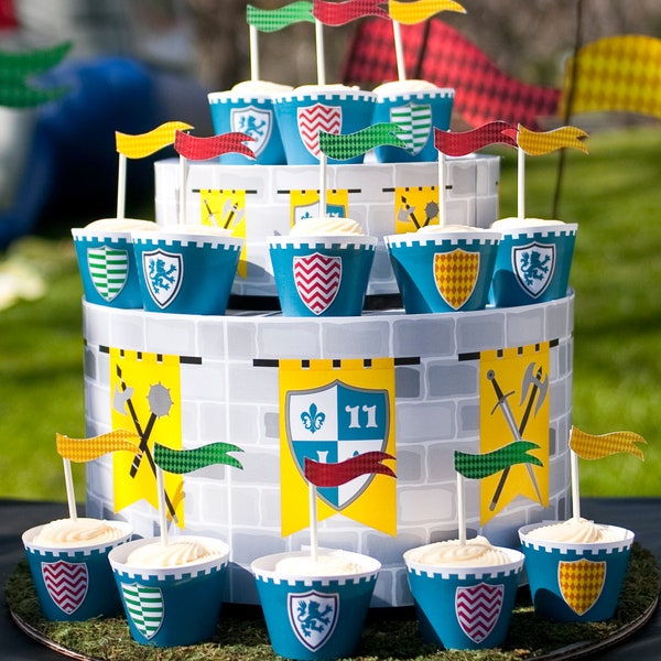 Anniversaire des chevaliers médiévaux | Castle Tower Birthday PRINTABLE Party Decorations - TEXTE MODIFIABLE >> Téléchargement instantané | Papier et gâteau