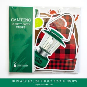 May include: A set of 18 camping-themed photo booth props. The props include a lantern, a campfire, a tent, a tree, a bear, a fish, a marshmallow, a hot dog, a mug, a compass, a map, a first aid kit, a flashlight, a bug spray, a hat, a pair of binoculars, and a pair of hiking boots. The props are printed on cardstock and are ready to use.