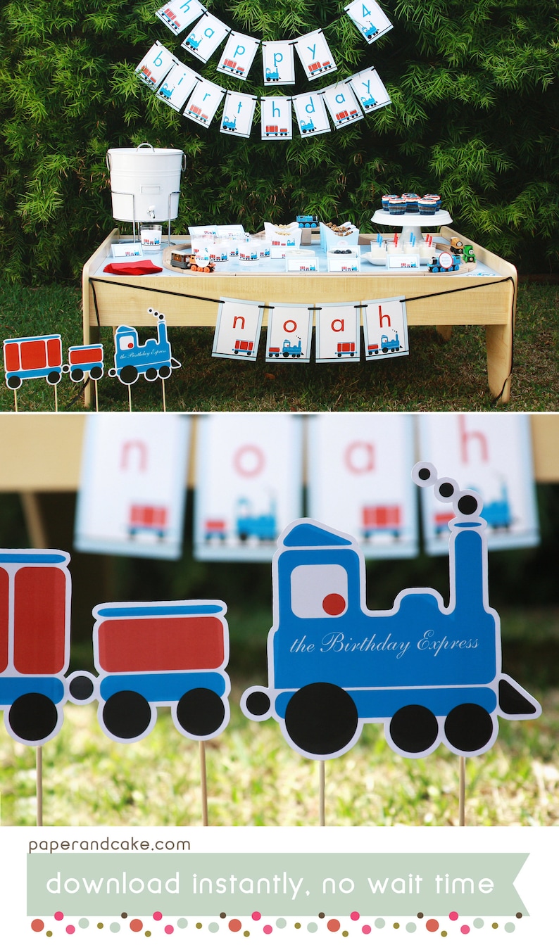 Train Birthday PRINTABLE Party Decorations EDITABLE TEXT Instant Download Paper and Cake image 1