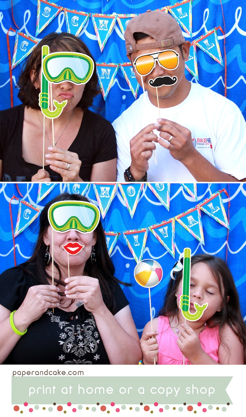 20 Pool Photo Booth, Summer Swim Party Printable PHOTO BOOTH PROPS Editable Text Instant Download Paper and Cake image 3