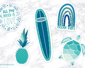 5 Ocean Stickers, Sea Turtle, Surfboard, Pineapple Waterproof Sticker Pack of 5 >> shipped to you | Paper and Cake