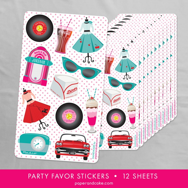 12 1950s Sticker Sheets Party Favors Sock Hop Stickers shipped to you Paper and Cake image 1