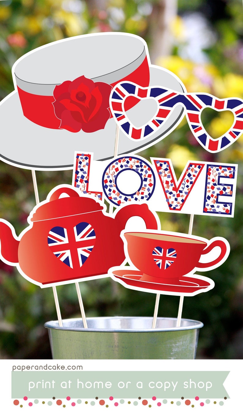 24 British PRINTABLE Photo Booth Props, London Photo booth, Royal England Editable Text Instant Download Paper and Cake image 2