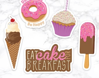 5 Sweets Stickers, Donut, Ice Cream, Cupcake Waterproof Sticker Pack of 5 >> shipped to you | Paper and Cake