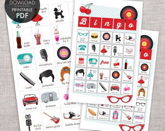 1950s Bingo PRINTABLE Game, 40 Unique Cards, Sock Hop Diner >> Instant Download | Paper and Cake