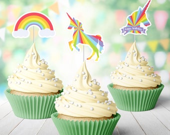 12 Unicorn Cupcake Toppers, Rainbow Unicorn Birthday Treat Picks >> shipped to you | Paper and Cake