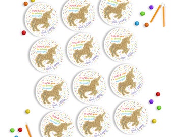 Unicorn Rainbow Favor Stickers, Gold Sparkle Birthday Party Stickers, 2" round treat bag Stickers >> shipped to you | Paper and Cake