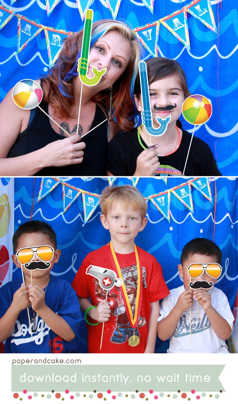 20 Pool Photo Booth, Summer Swim Party Printable PHOTO BOOTH PROPS Editable Text Instant Download Paper and Cake image 2