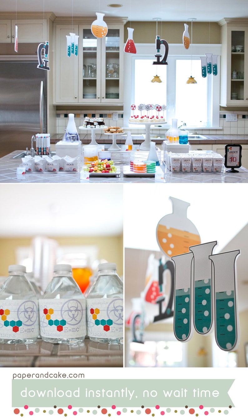 Science PRINTABLE Party Decorations, Chemistry Lab Birthday EDITABLE Text Instant Download Paper and Cake image 1
