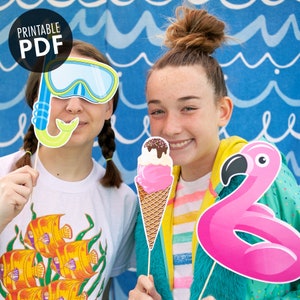 16 Beach PRINTABLE Photo Booth Props, Summer Pool Party, Centerpieces, Cake Toppers - Editable Text &gt;&gt; Instant Download | Paper and Cake