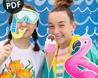 16 Beach PRINTABLE Photo Booth Props, Summer Pool Party, Centerpieces, Cake Toppers - Editable Text &gt;&gt; Instant Download | Paper and Cake
