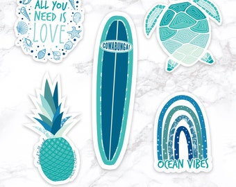 5 Ocean Stickers, Sea Turtle, Surfboard, Pineapple Waterproof Sticker Pack of 5 >> shipped to you | Paper and Cake