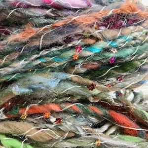 May include: A close-up of a skein of yarn with a variety of colors, including green, blue, orange, and brown. The yarn is decorated with small, colorful sequins.